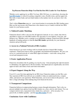 Top Reasons Finnection Helps You Find the Best SBA Lender for Your Business