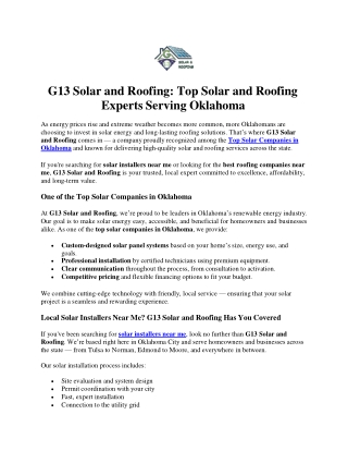 Top Solar and Roofing Experts Serving Oklahoma-G13 Solar and Roofing
