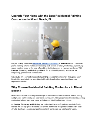 Upgrade Your Home with the Best Residential Painting Contractors in Miami Beach,