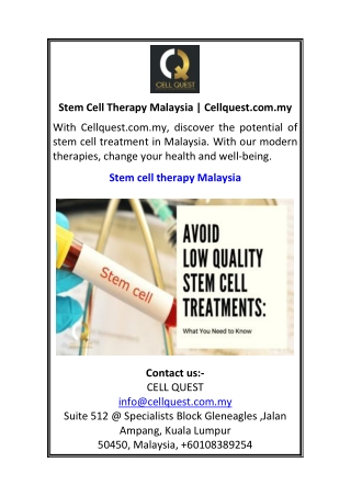 Stem Cell Therapy Malaysia Cellquest.com.my