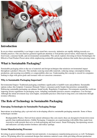 Investing in Green Technologies for Effective Food Product Preservation