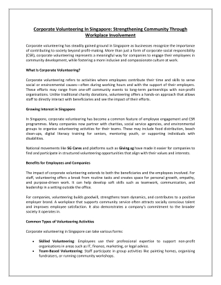 Corporate Volunteering In Singapore Strengthening Community Through Workplace Involvement