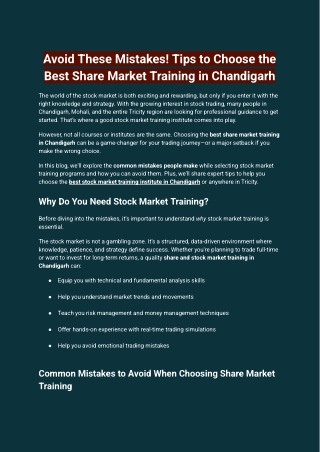 Avoid These Mistakes! Tips to Choose the Best Share Market Training in Chandigarh
