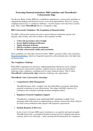 Protecting Financial Institutions RBI Guidelines and ThreatResQ’s Cybersecurity Edge
