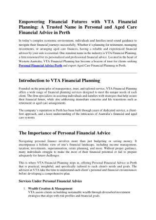 Empowering Financial Futures with VTA Financial Planning A Trusted Name in Personal and Aged Care Financial Advice in Pe