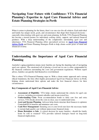 Navigating Your Future with Confidence VTA Financial Planning's Expertise in Aged Care Financial Advice and Estate Plann