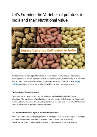 Lets examine the Varieties of potatoes in India and their Nutritional Value