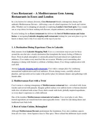 Coco Restaurant – A Mediterranean Gem Among Restaurants in Essex and London