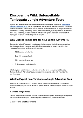 Tambopata Jungle Adventure ToursDiscover the Wild:  Tambopata Jungle