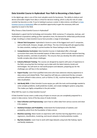 Data Scientist Course in Hyderaba- Your Path to Becoming a Data Expert