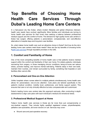 Top Benefits of Choosing Home Health Care Services Through Dubai’s Leading Home Care Centers