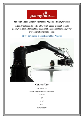 Bolt High Speed Cinebot Rental Los Angeles | Pannyhire.com