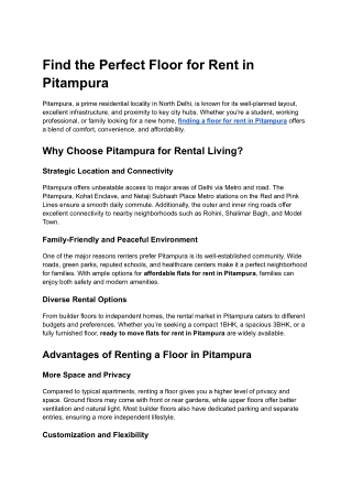Find the Perfect Floor for Rent in Pitampura