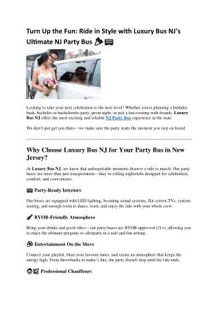 Turn Up the Fun: Ride in Style with Luxury Bus NJ’s Ultimate NJ Party Bus