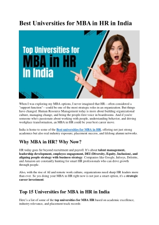 Best Universities for MBA in HR in India