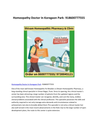 Homeopathy Doctor In Koregaon Park- 918600777555