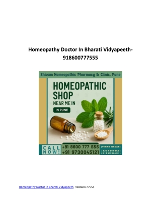 Homeopathy Doctor In Bharati Vidyapeeth- 918600777555