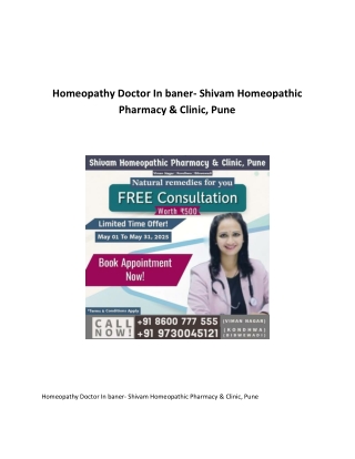 Homeopathy Doctor In baner- Shivam Homeopathic Pharmacy & Clinic, Pune