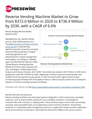 Reverse Vending Machine Market to Grow from $372.0 Million in 2020 to $736.9 Mil