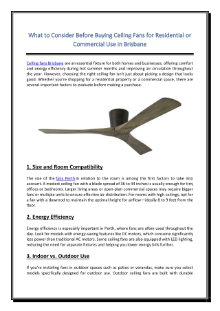 What to Consider Before Buying Ceiling Fans for Residential or Commercial Use in Brisbane