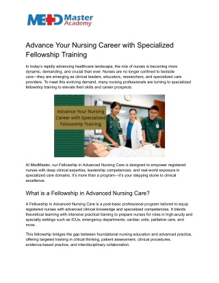 Advance Your Nursing Career with Specialized Fellowship Training