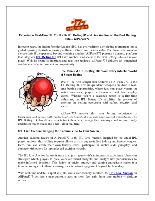 Experience Real Time IPL Thrill with IPL Betting ID and Live Auction on the Best Betting Site AllPanel777