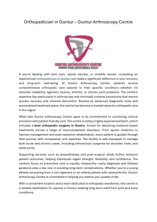 Orthopedician in Guntur – Guntur Arthroscopy Centre