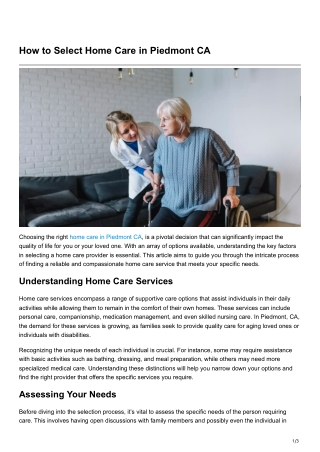 How to Select Home Care in Piedmont CA