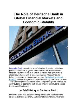 The Role of Deutsche Bank in Global Financial Markets and Economic Stability