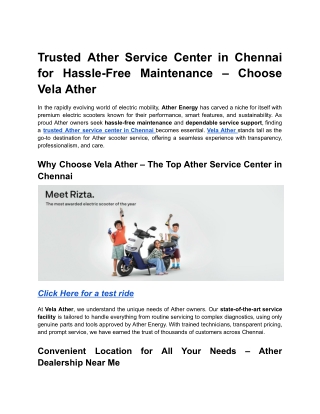 Trusted Ather Service Center in Chennai for Hassle-Free Maintenance – Choose Vela Ather