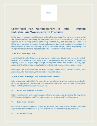 Centrifugal Fan Manufacturers in India Driving Industrial Air Movement with Precision