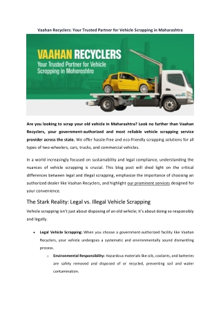 Vaahan Recyclers Your Trusted Partner for Vehicle Scrapping in Maharashtra