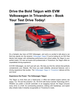 Drive the Bold Taigun with EVM Volkswagen in Trivandrum – Book Your Test Drive Today