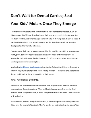 Don’t Wait for Dental Carries; Seal Your Kids’ Molars Once They Emerge