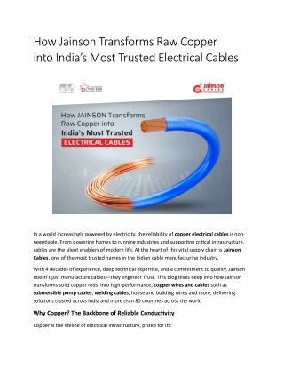 How Jainson Transforms Raw Copper into India’s Most Trusted Electrical Cables