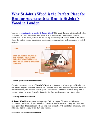 Why St John’s Wood is the Perfect Place for Renting Apartments to Rent in St John’s Wood in London