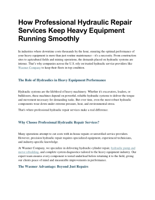 How Professional Hydraulic Repair Services Keep Heavy Equipment Running Smoothly