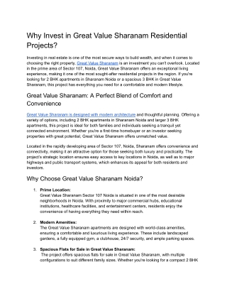 Why Invest in Great Value Sharanam Residential Projects