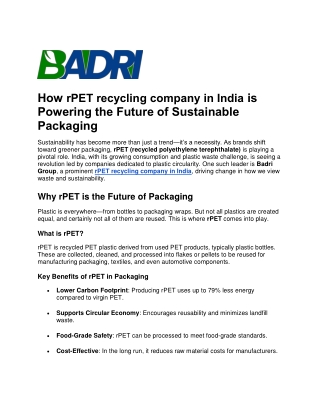 How rPET recycling company in India is Powering the Future of Sustainable Packaging