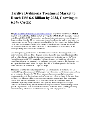 Tardive Dyskinesia Treatment Market Expansion Backed by Improved Early Diagnosis