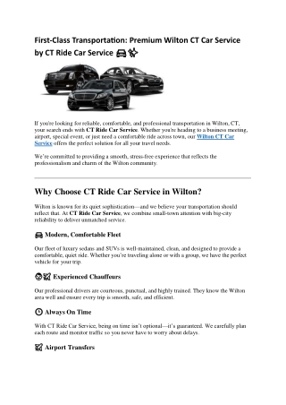 First-Class Transportation: Premium Wilton CT Car Service by CT Ride Car Service