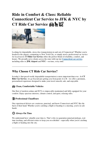 Ride in Comfort & Class: Reliable Connecticut Car Service to JFK & NYC by CT Rid