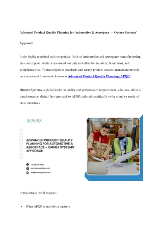 Advanced Product Quality Planning for Automotive & Aerospace — Omnex Systems’ Approach