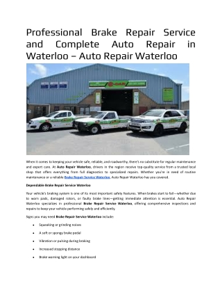 Professional Brake Repair Service and Complete Auto Repair in Waterloo – Auto Repair Waterloo
