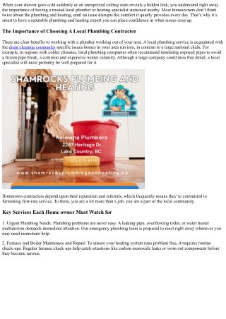 Shamrocks Plumbing, Heating and Drains, Kelownas Preferred Plumbing Service