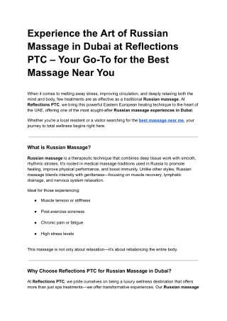 Experience the Art of Russian Massage in Dubai at Reflections PTC – Your Go-To for the Best Massage Near You