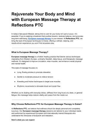 Rejuvenate Your Body and Mind with European Massage Therapy at Reflections PTC