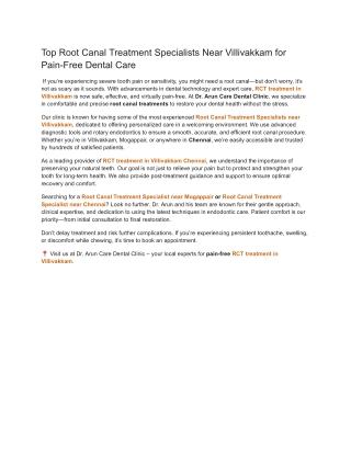 Top Root Canal Treatment Specialists Near Villivakkam for Pain-Free Dental Care