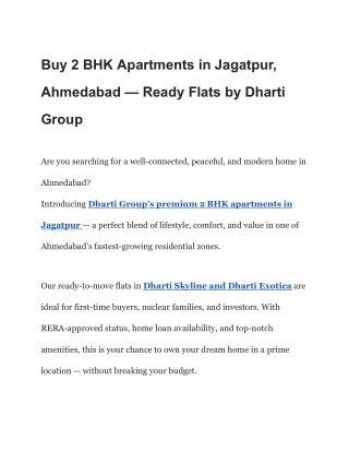 Buy 2 BHK Apartments in Jagatpur, Ahmedabad — Ready Flats by Dharti Group