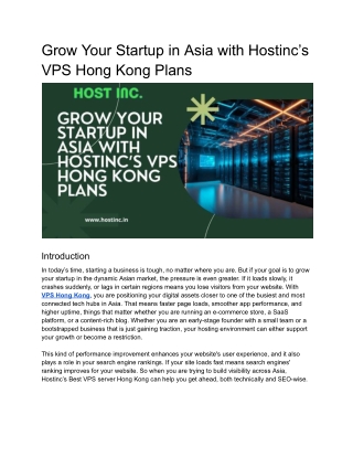 Grow Your Startup in Asia with Hostinc’s VPS Hong Kong Plans